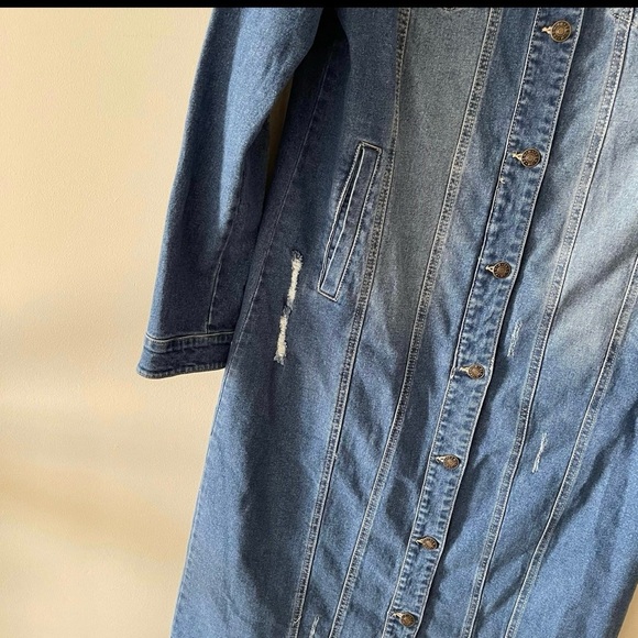 Blue Medium Wash Button-up  Midi Distressed Denim Jacket Dress - Picture 9 of 11